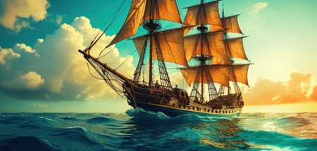 Sailing ship in the sea at sunset. 3d illustration.の素材