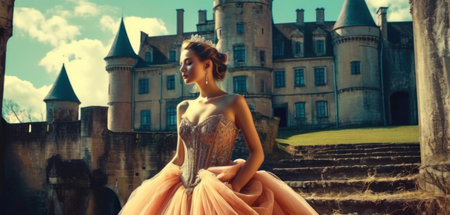 Beautiful young woman in a long dress on the background of the castleの素材