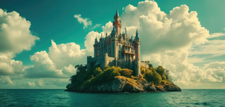 Magic castle on a small island in the middle of the sea.の素材