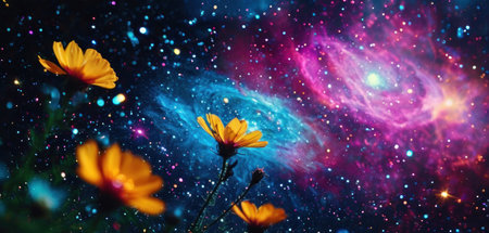 Cosmos flowers and starry night sky, 3d illustration.の素材