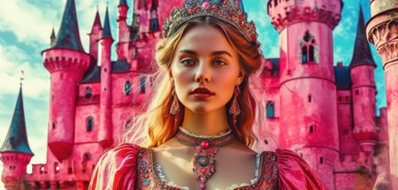 Portrait of a beautiful woman in a medieval dress and a crown on her head against the backdrop of a pink castleの素材