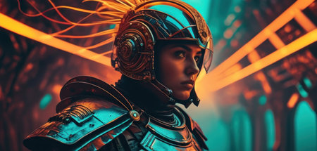 3D rendering of a female cyborg with futuristic helmet and armorの素材