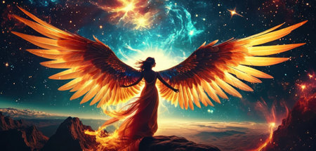 Angel in the night sky. 3D rendering. Fantasy scene.の素材