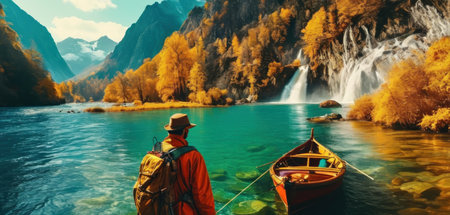 A man in a red jacket and a hat with a backpack stands on the shore of a picturesque mountain lake.の素材