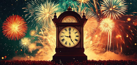 Old clock against fireworks exploding in the night sky. New Year conceptの素材