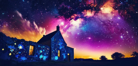 Night sky with stars and house. Elements of this image furnished by NASAの素材