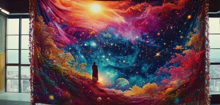 3d rendering of a woman in a red dress standing in a room with a huge window and planets.の素材