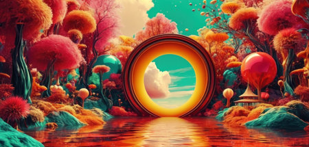 Fantasy landscape with fantasy portal to another world. 3d illustrationの素材