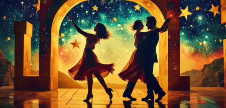 Dancing couple against digitally generated image of starry sky in backgroundの素材