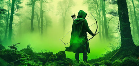 Mysterious man in green forest with bow and arrow in handsの素材
