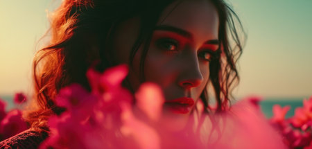 Close-up portrait of a beautiful young woman in pink flowers.の素材