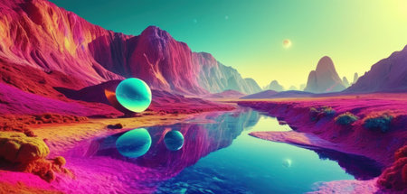 Fantasy alien planet. Mountain and lake. 3D illustration.の素材