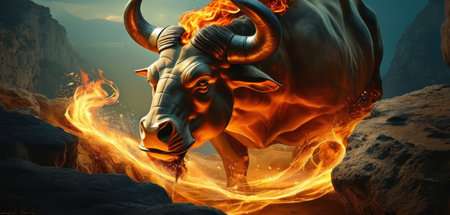 Highly rendering of a bull in fire with flames around it.の素材