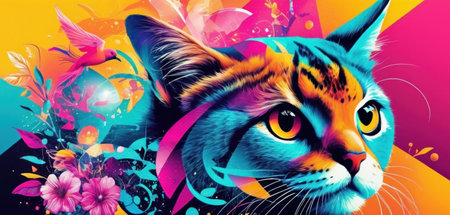 Colorful vector illustration of a cat with flowers in the background.の素材