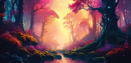 Fantasy landscape with foggy forest and river. 3d renderingの素材