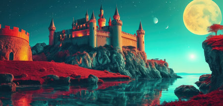 Fantasy landscape with castle in the moonlight. 3D illustrationの素材