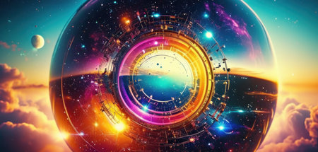 Futuristic hi-tech background with planet and stars. 3D renderingの素材