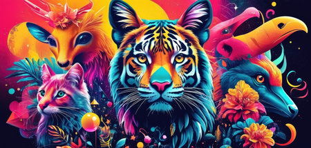 Tiger, fox, owl, parrot and toucan on colorful background.の素材