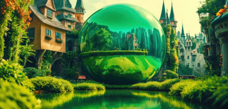 Crystal ball with fairy tale castle in the park. Magic fantasy world.の素材