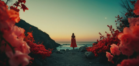 A girl in a long red dress stands on the rocks by the sea.の素材