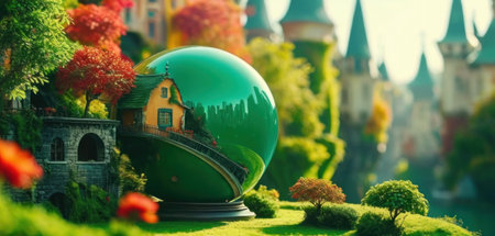 Fantasy landscape with fantasy castle and magic ball. 3d renderingの素材