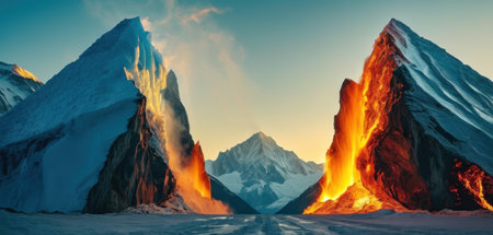 Beautiful panorama of snowy mountains at sunset. 3D renderingの素材