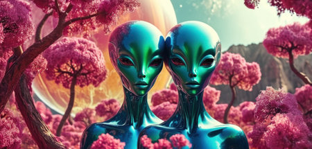 3D rendering of a female robot and a female alien surrounded by flowersの素材