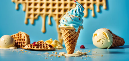 ice cream with waffle cones on a blue background, close upの素材