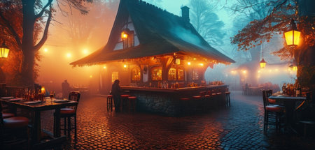 Restaurant in a foggy winter night. 3d renderingの素材