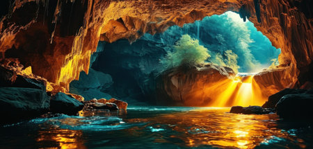 Beautiful dark cave with sunlight and rays of light. 3d renderingの素材