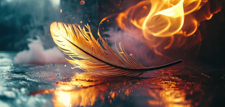 Feather on the background of a bright flame. The concept of power and creativity.の素材