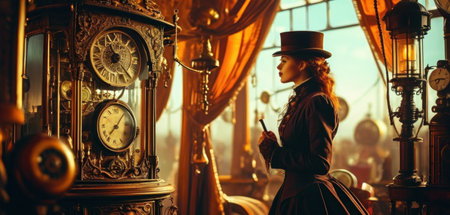 Beautiful young woman in medieval dress and hat in a luxurious interior.の素材