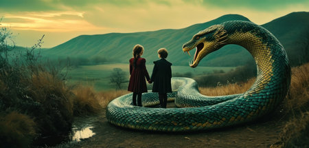 A boy and a girl are looking at the snake in the mountains.の素材