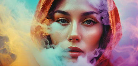 Close-up portrait of a beautiful girl with smoke in her hairの素材