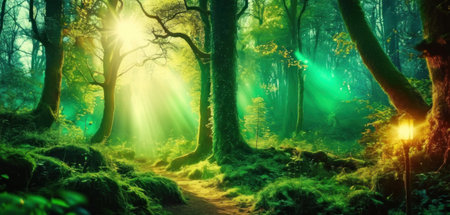 Magic forest with fog and sunbeams. Nature background. Panoramaの素材