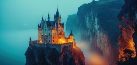 Fantastic panoramic view of the famous Hallelujah castle in the fog, Saxony, Germanyの素材