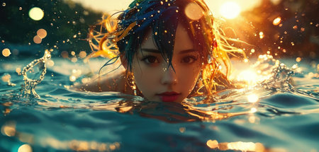 Portrait of a beautiful asian woman with blue hair in the waterの素材