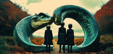 Children with a big snake on the road. 3D rendering.の素材