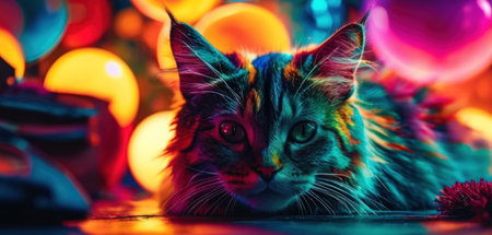 Cute Maine Coon cat lying on the floor in front of Christmas lightsの素材
