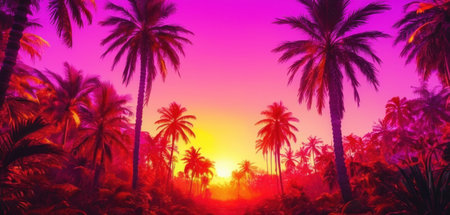 Tropical palm trees on sunset background. 3d render illustrationの素材