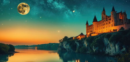 Panoramic view of medieval castle on the bank of the Danube at nightの素材