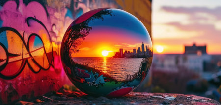 Reflection of the sunset in a crystal ball with a view of the city in the backgroundの素材