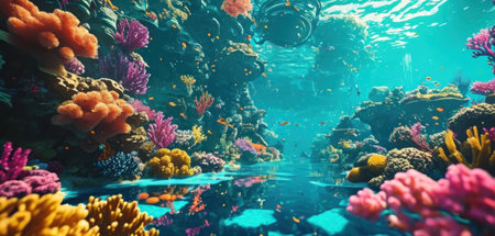 Underwater view of coral reef and tropical fish. 3d renderの素材