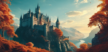 Magic castle in the mountains. Fairytale landscape. 3d renderの素材