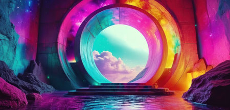 Futuristic tunnel with a view of the sea. 3d renderingの素材