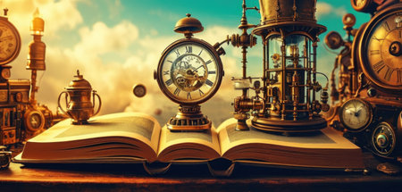 Vintage still life with antique clock, books and candlesticksの素材