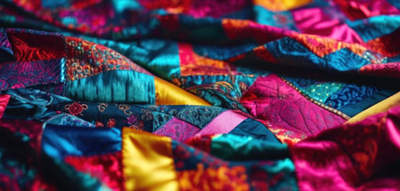 Colorful quilting fabric close-up, background with copy spaceの素材