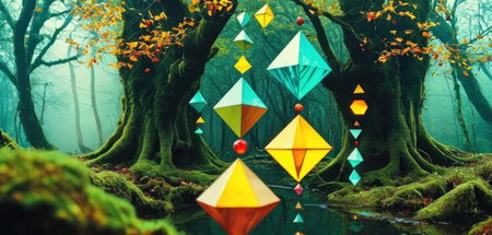 Colorful paper lanterns in a mystical forest. 3D Renderingの素材