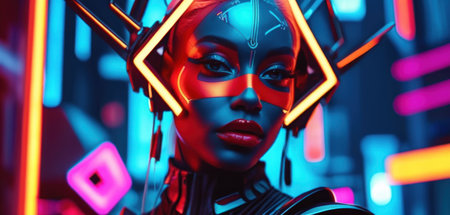 Futuristic cyborg woman glowing in neon light. 3d renderingの素材