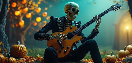 Halloween skeleton playing guitar in the forest. 3d illustration.の素材